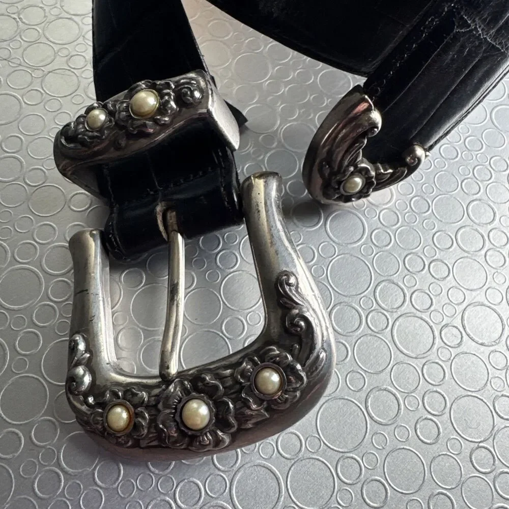 Vintage Brighton Black Croc Embossed Leather Belt S Faux Pearl Buckle 23503